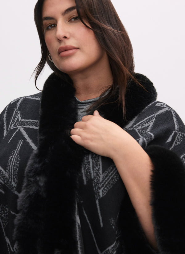 Laura Abstract Faux Fur Trim Poncho