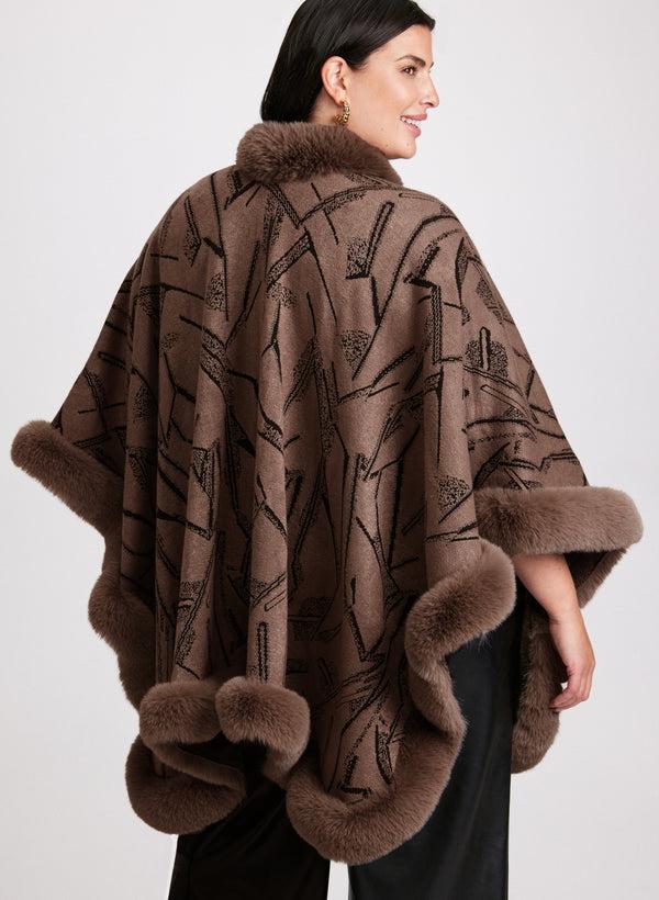 Laura Abstract Faux Fur Trim Poncho
