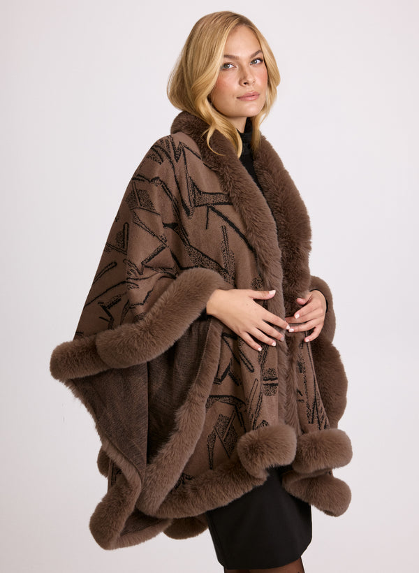 Laura Abstract Faux Fur Trim Poncho