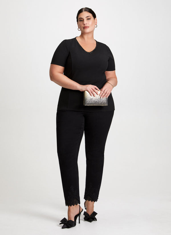 laura Beaded V-Neck Top & Lace Hem Pants