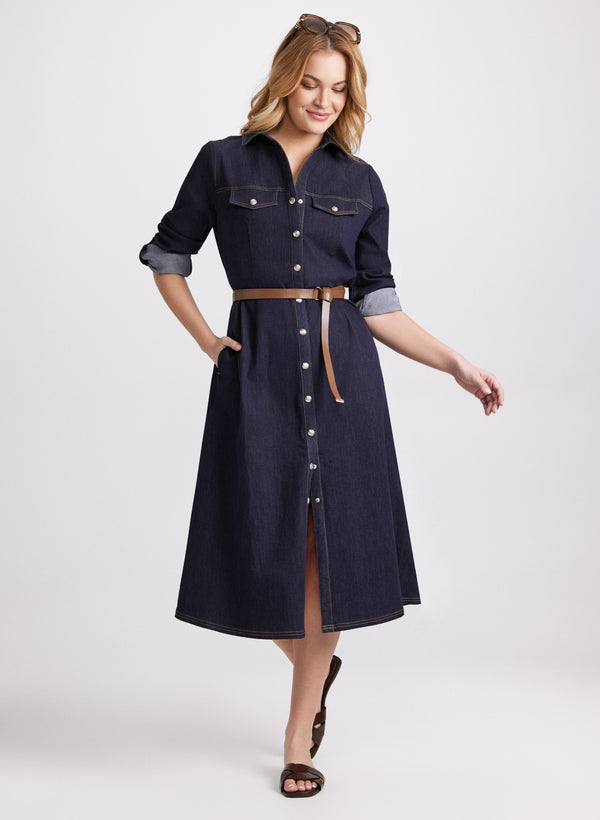 laura Belted Denim Button-Down Midi Dress