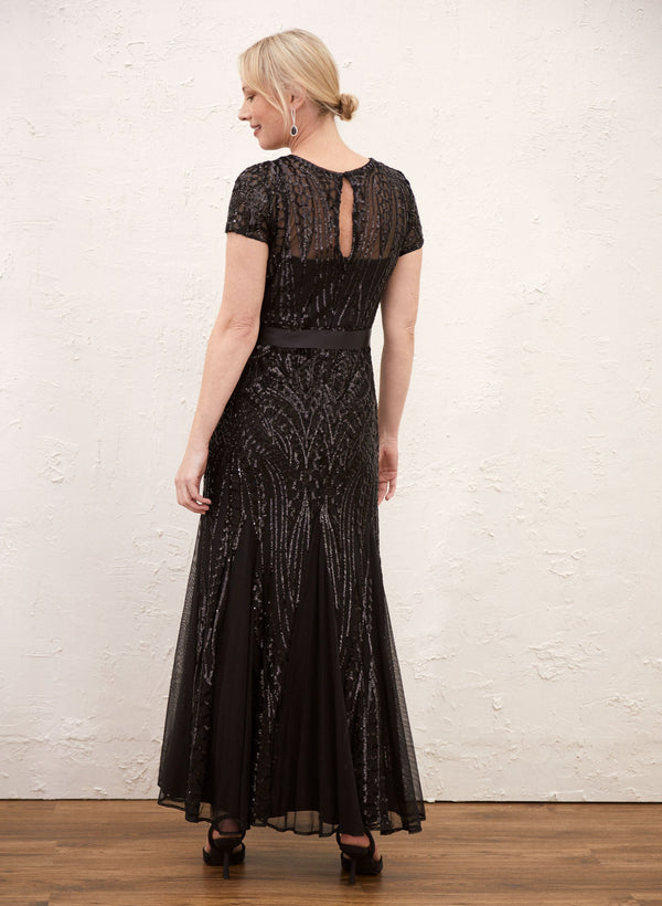 Laura Belted Sequin Mesh Dress