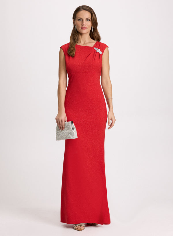 Laura Brooch Detail Asymmetric Neck Dress