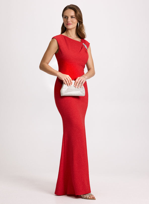 laura Brooch Detail Asymmetric Neck Dress