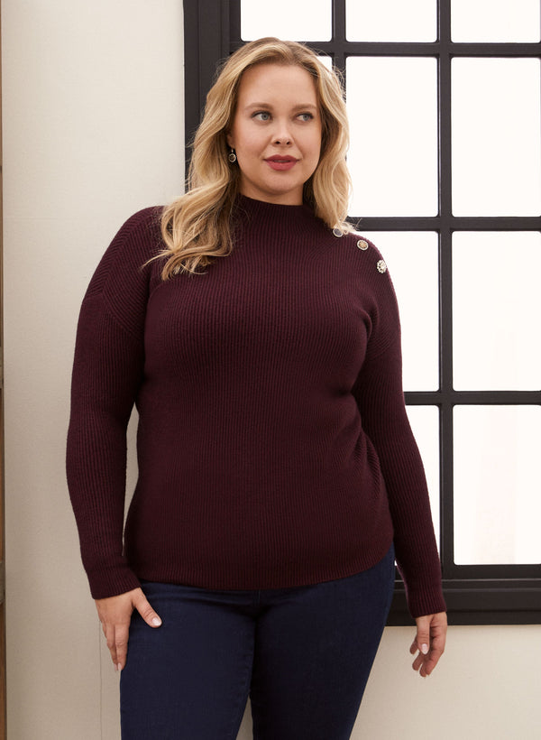 laura Crystal Button Mock Neck Sweater