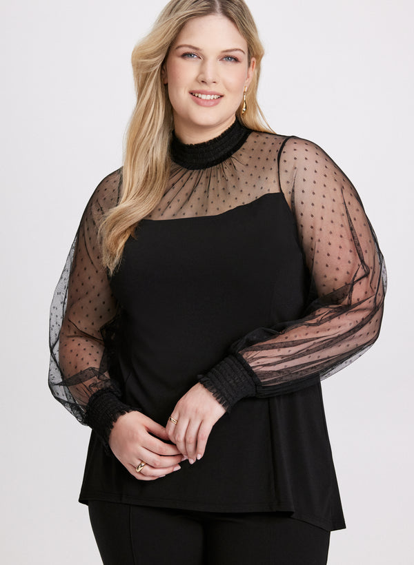 laura Dotted Mesh Mock Neck Top