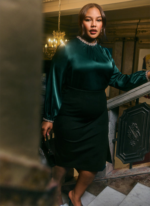 laura Embellished Satin Blouse & Midi Skirt