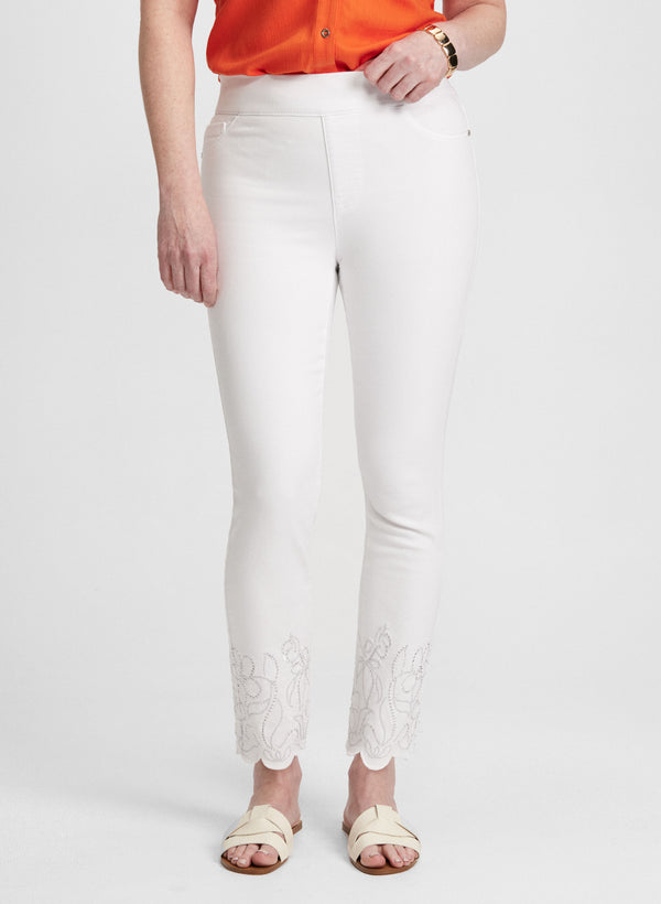 laura Embroidered Hem Pull-On Jeans