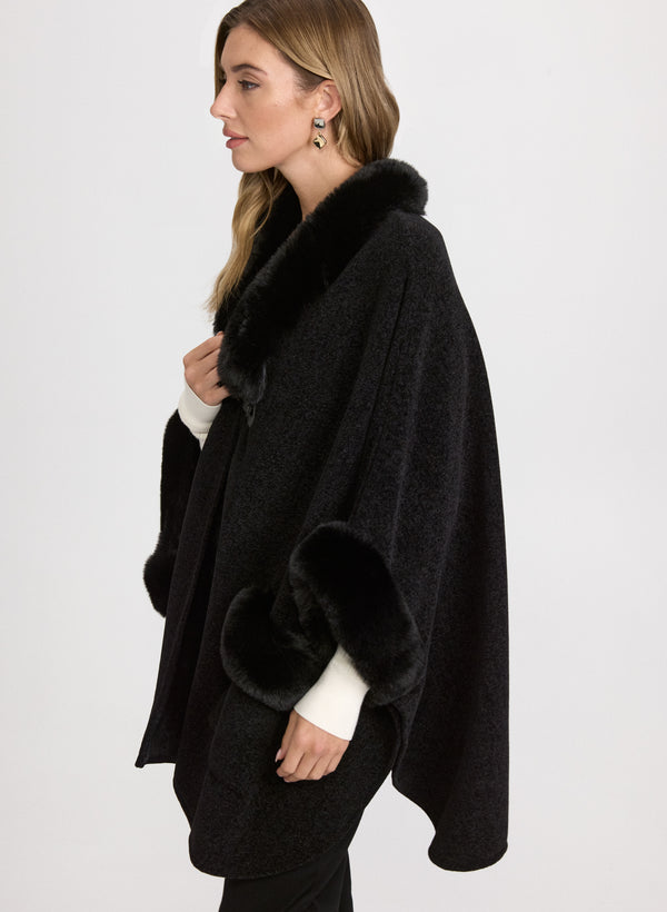 Laura Faux-Fur Trim Poncho