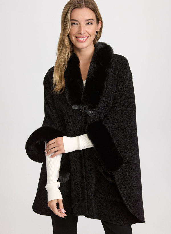 laura Faux-Fur Trim Poncho