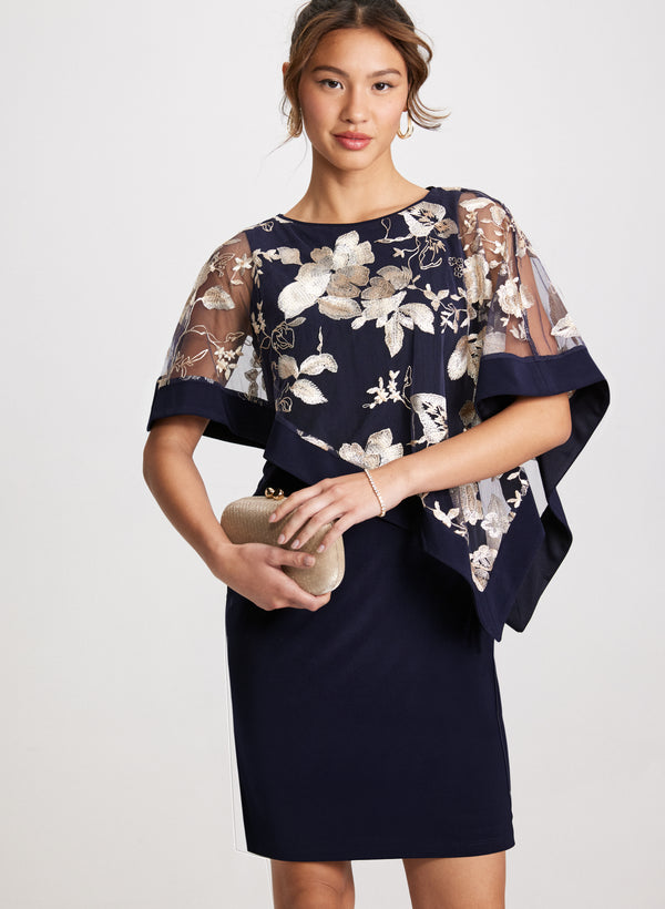 Laura Floral Poncho-Effect Fitted Dress