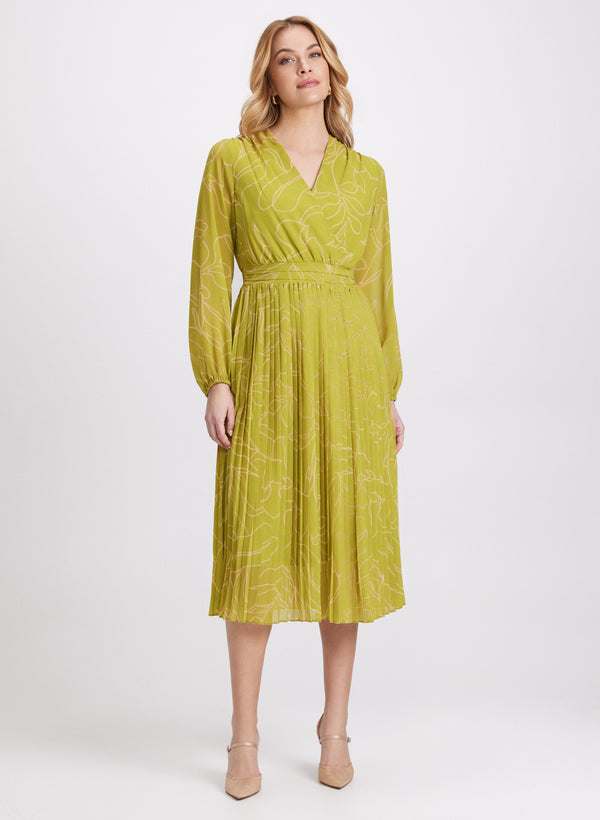 laura Leaf Print Plissé Dress