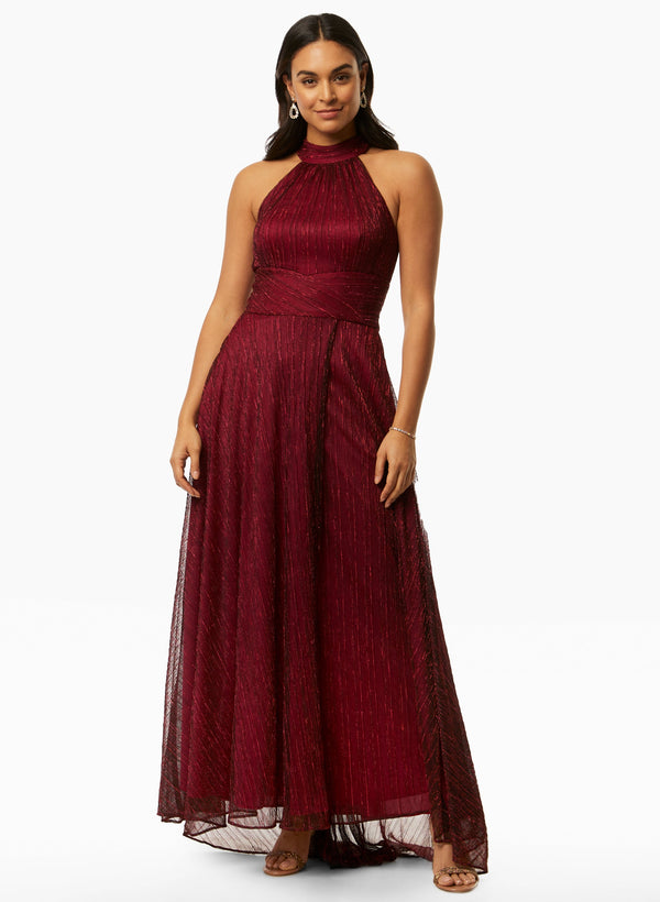 laura Metallic Crinkle Halter Dress