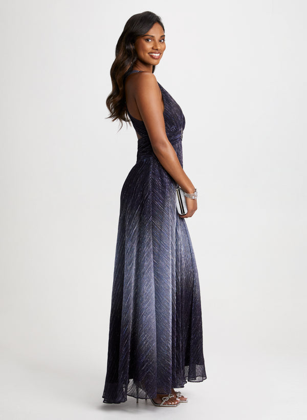 Laura Metallic Crinkle V-Neck Gown