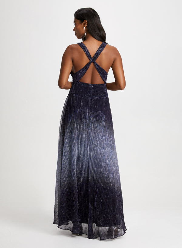 Laura Metallic Crinkle V-Neck Gown
