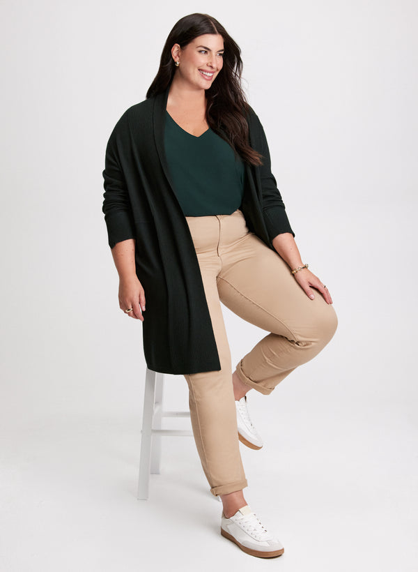 laura Open-Front Cardigan & Coated Slim Leg Jeans