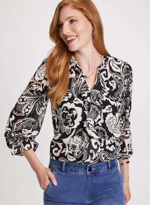 laura Paisley Print Ruffle Front Blouse