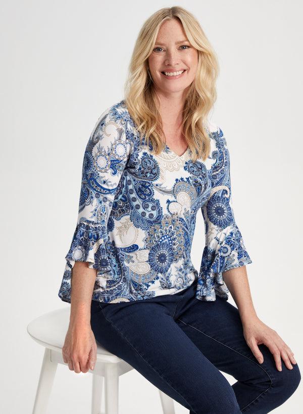 laura Paisley Print Ruffle Sleeve Top