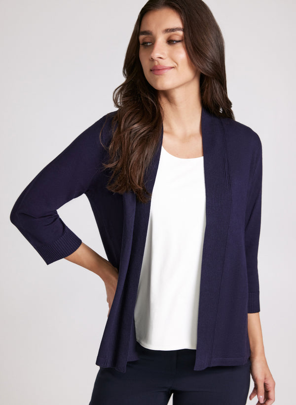 laura Ribbed Trim Open-Front Cardigan