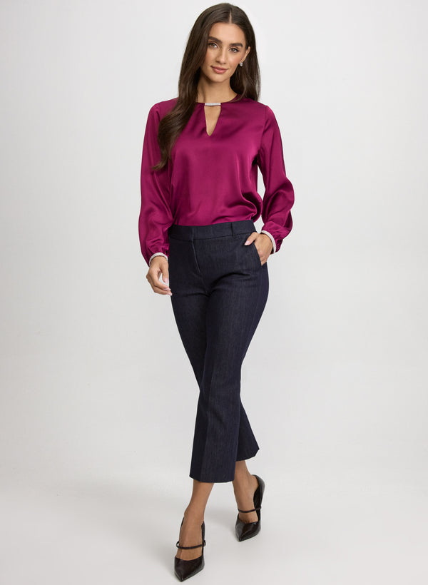 Laura Satin Jeweled Trim Blouse