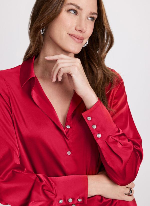 Laura Satin Rhinestone Button Blouse