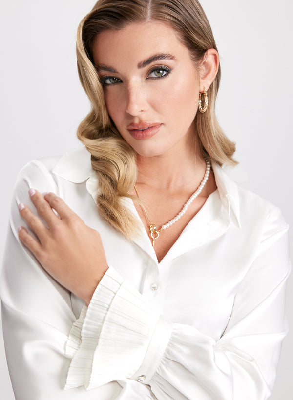 Laura Satin Rhinestone Button Blouse