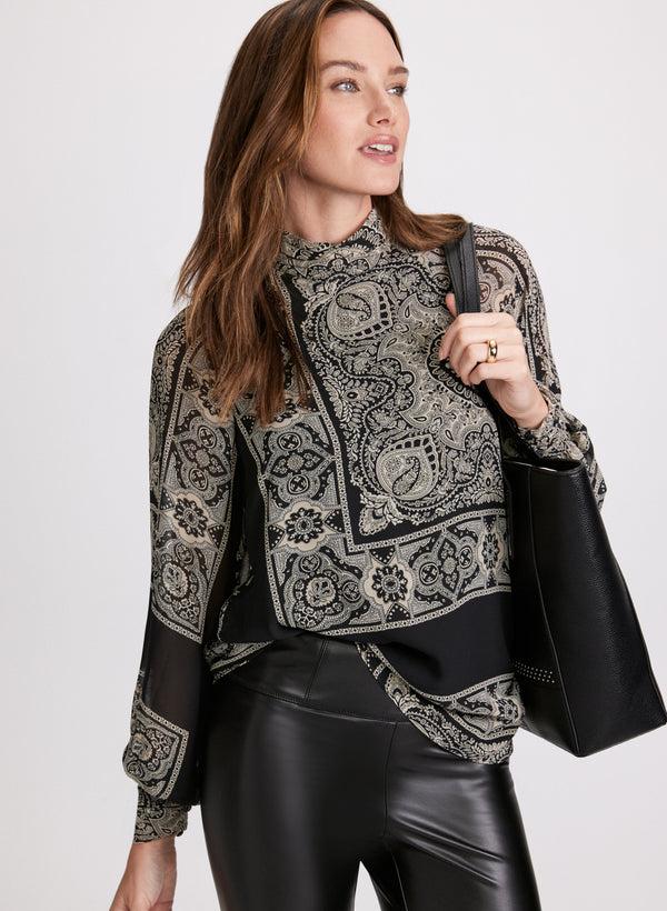 laura Scarf Print Mock Neck Blouse