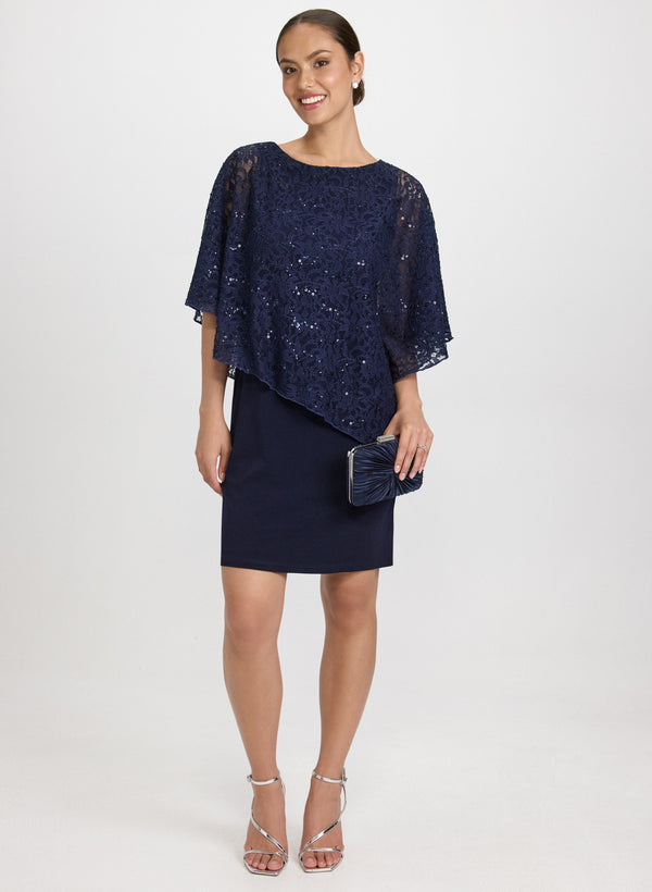 laura Sequined Lace Capelet Dress