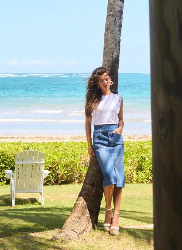 Laura Slit-Hem Denim Midi Skirt