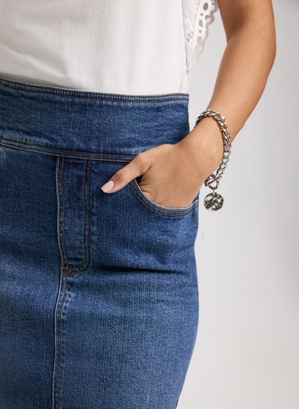 Laura Slit-Hem Denim Midi Skirt