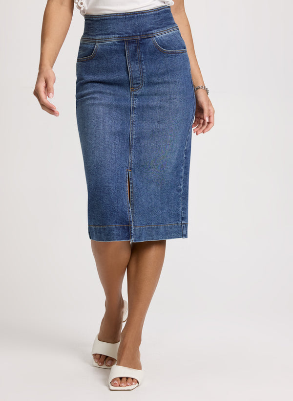 laura Slit-Hem Denim Midi Skirt