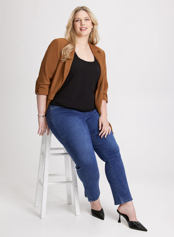 laura Lightweight Tab Sleeve Jacket & Slit Hem Pull-On Jeans