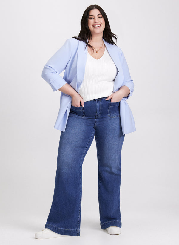 laura Open-Front Longline Blazer & Patch Pocket Wide-Leg Jeans