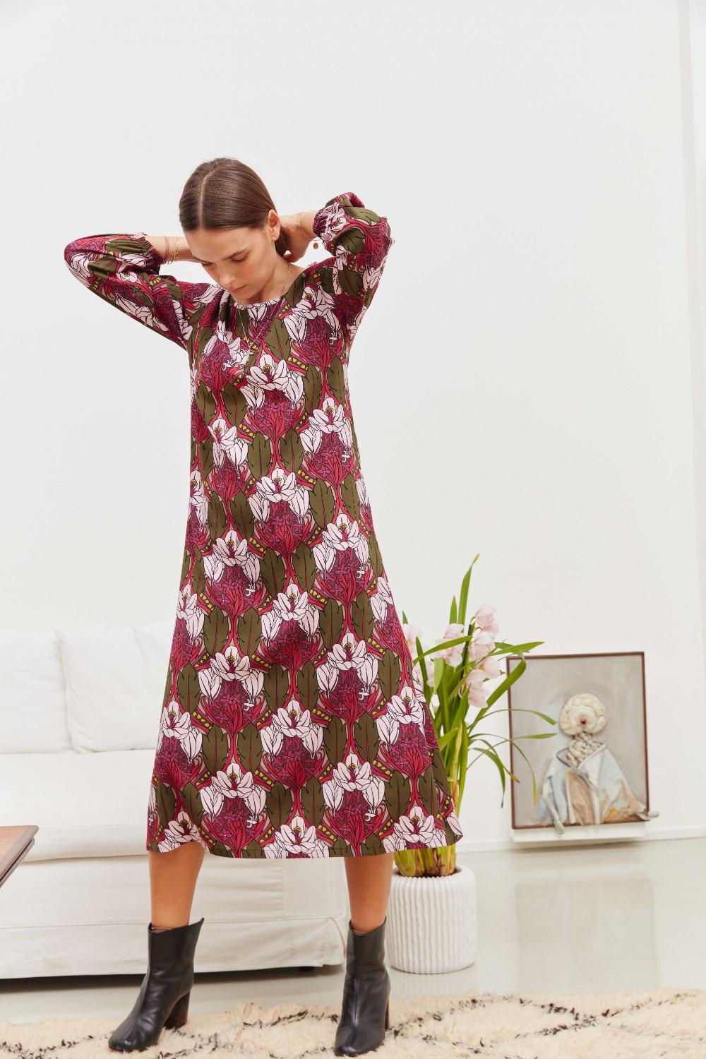 laura urbinati BIG SLEEVES LONGUETTE DRESS STRETCH SATIN SILK