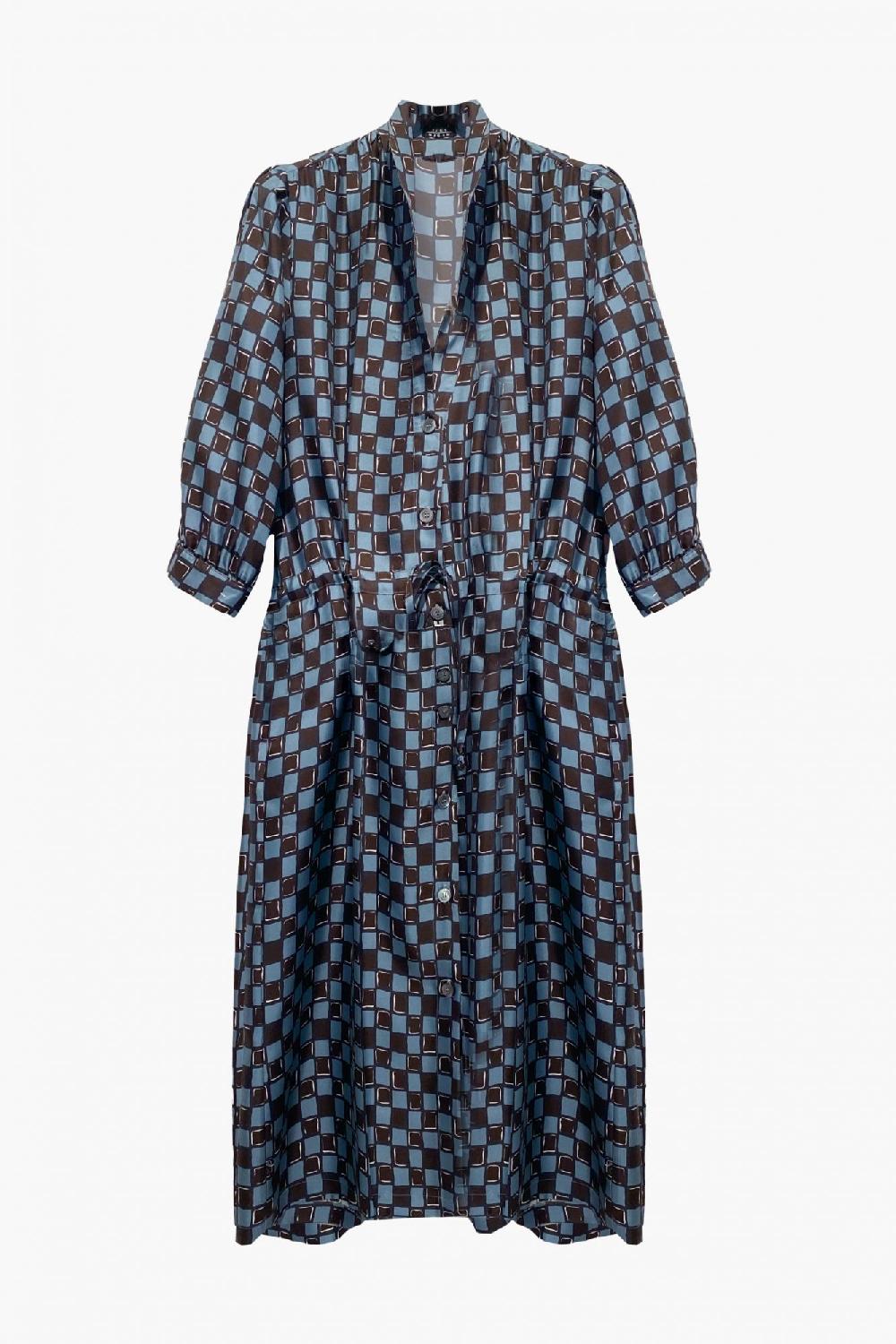 laura urbinati COULISSE DRESS SILK TWILL DAMIER PRINT