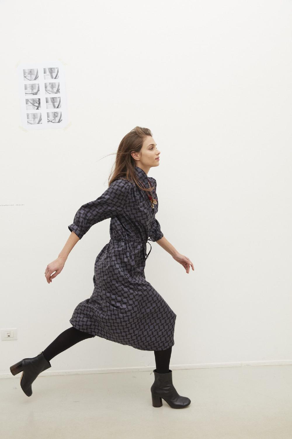 Laura Urbinati COULISSE DRESS SILK TWILL TRAPEZIOIDALE PRINT