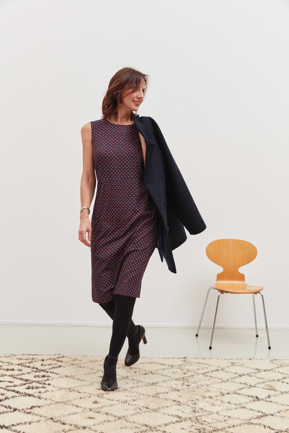 laura urbinati CREW NECK DRESS WITH S/M WAIST CUT STRETCH WOOL PIEDPOOL PRINT