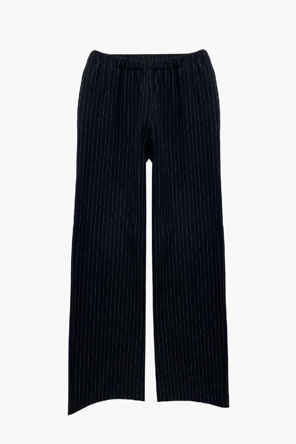 laura urbinati ELASTIC WAIST WIDE LEG PANTS STRETCH WOOL PINSTRIPES