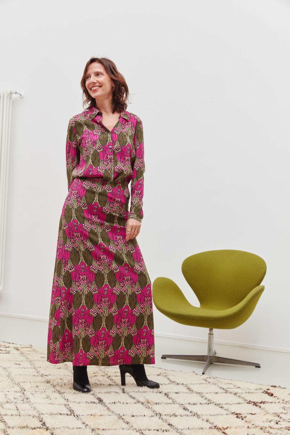 laura urbinati MAXI STRAIGHT SKIRT STRETCH SATIN SILK BOTANICO PRINT