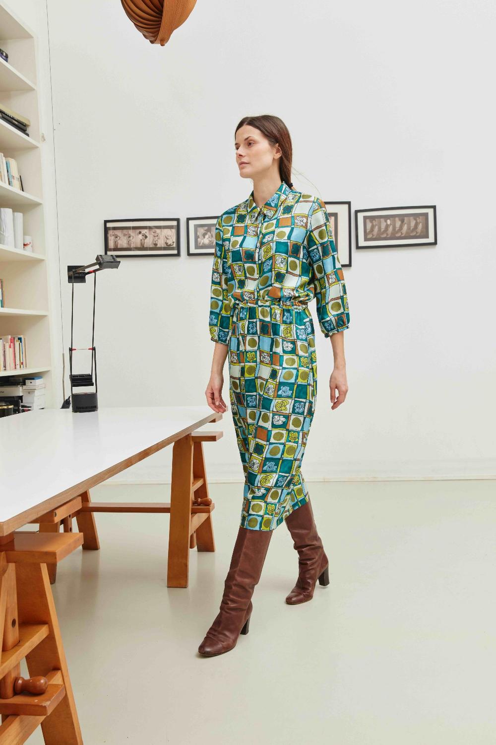 laura urbinati SHIRT DRESS ELASTIC SKIRT FIORI MO PRINT - SILK TWILL