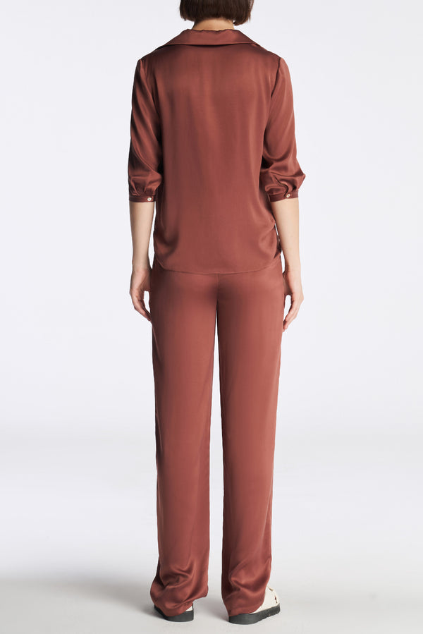Laurèl Laurèl Asymmetric Sun-Protective Silk Blouse Madder Brown