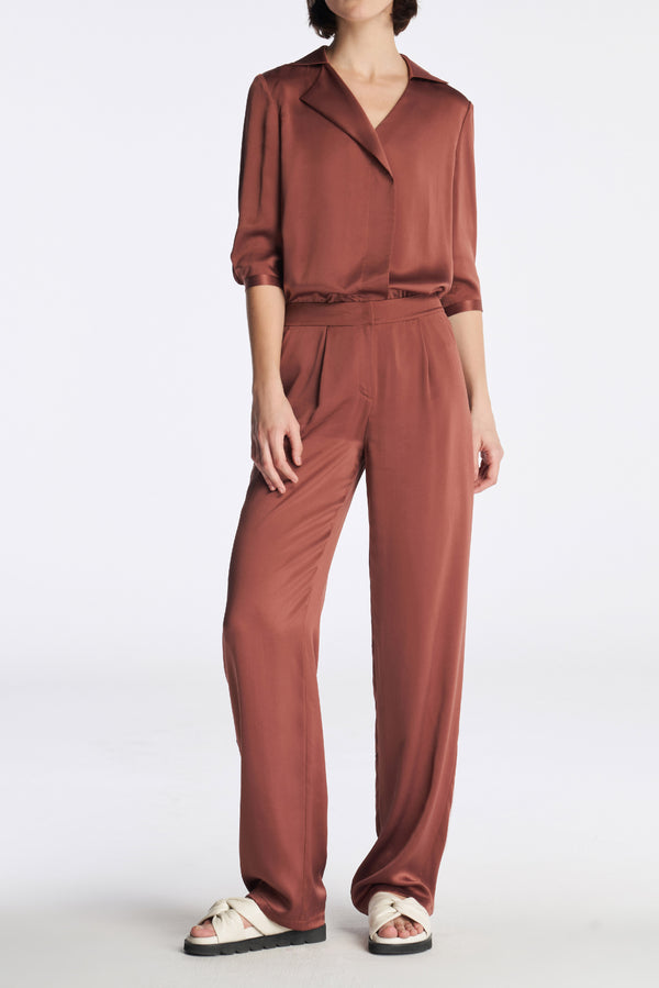 laurèl Laurèl Asymmetric Sun-Protective Silk Blouse Madder Brown