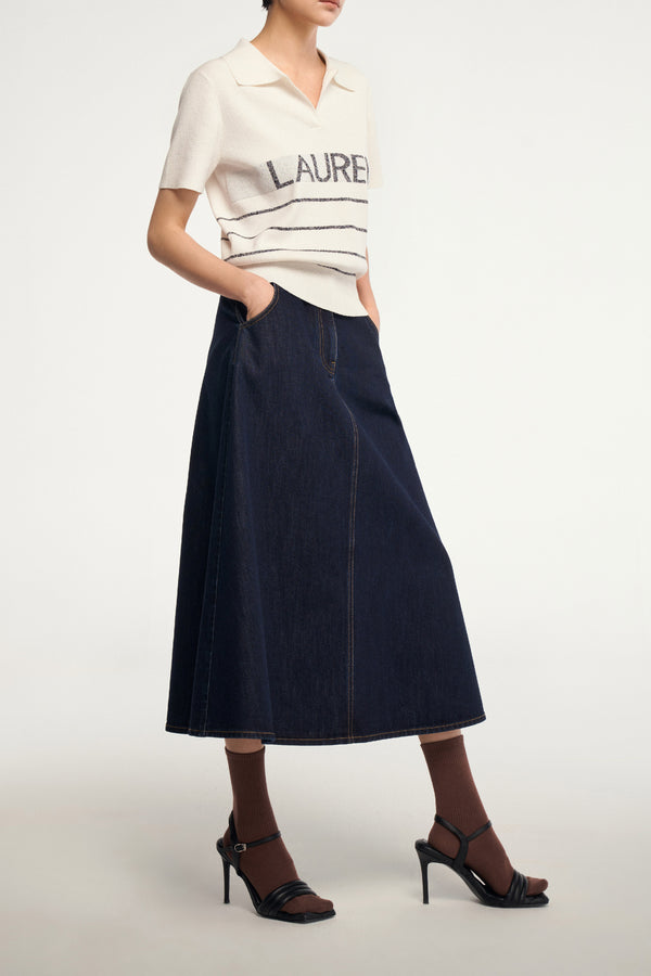 Laurèl Laurèl Eco-Friendly Triacetate Denim A-line Midi Skirt Dark Indigo