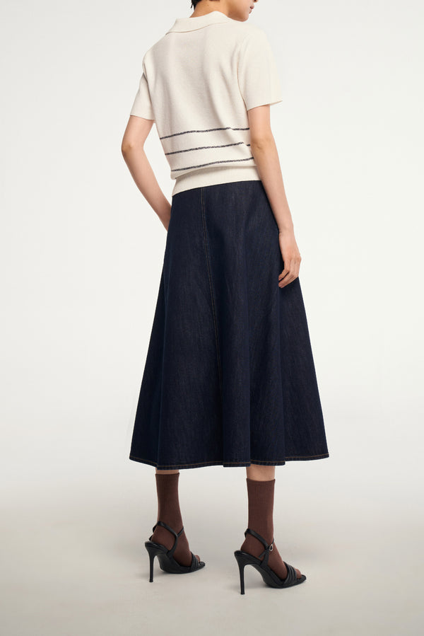 Laurèl Laurèl Eco-Friendly Triacetate Denim A-line Midi Skirt Dark Indigo