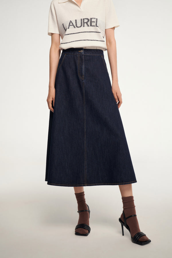 Laurèl Laurèl Eco-Friendly Triacetate Denim A-line Midi Skirt Dark Indigo