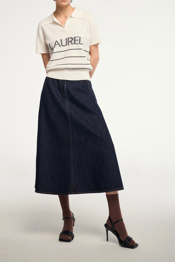 laurèl Laurèl Eco-Friendly Triacetate Denim A-line Midi Skirt Dark Indigo