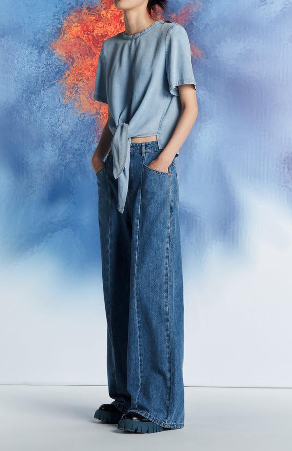 Laurèl Laurèl Cropped Twist Knot Shirt Denim Blue