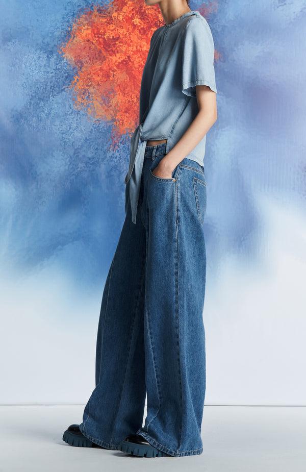 Laurèl Laurèl Cropped Twist Knot Shirt Denim Blue