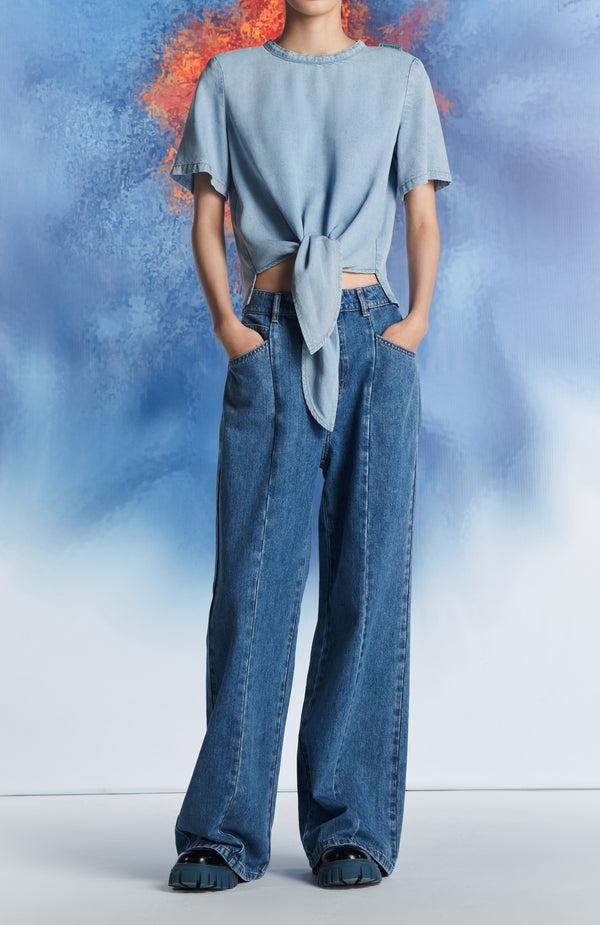 laurèl Laurèl Cropped Twist Knot Shirt Denim Blue