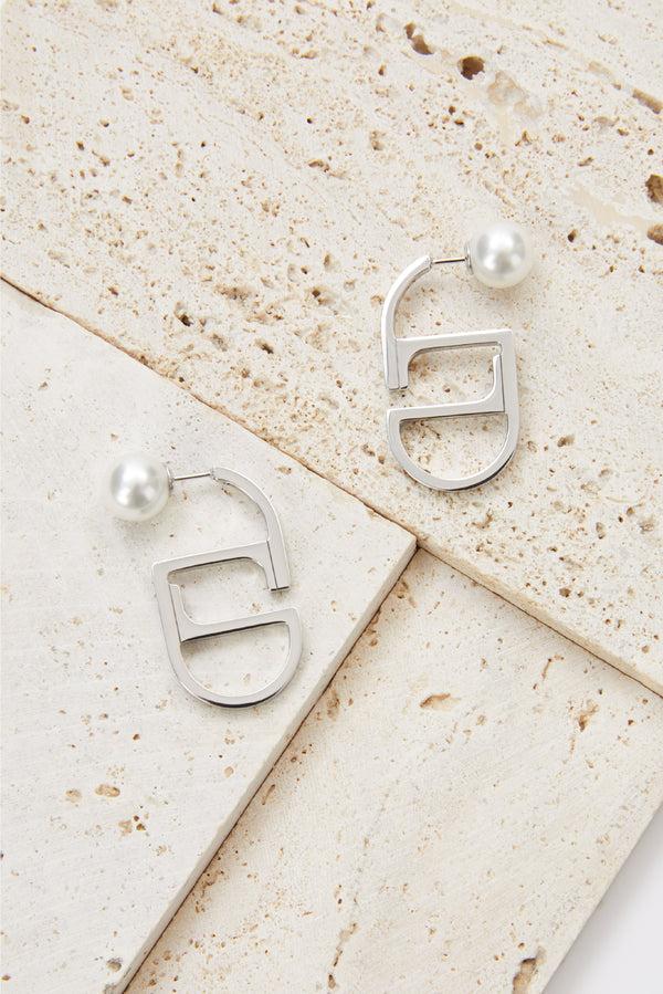 laurèl Laurèl LOGO Earrings Silver & Pearl White